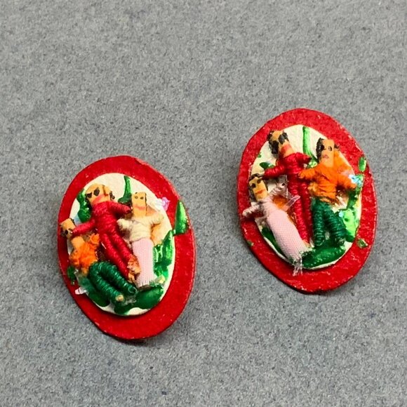 Handmade Worry Doll Earrings Pierced Red Oval Thread Paper Fabric Retro Vintage - Picture 5 of 7